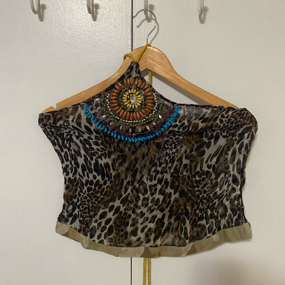 Silk Leopard Print Beaded Women's Top